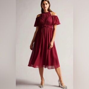 Ted Baker Burgundy Cold-Shoulder Midi Dress